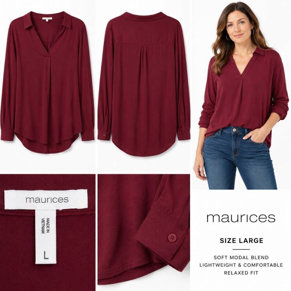 Maurices Burgundy Long Sleeve Blouse V Neck Button Cuff Size L